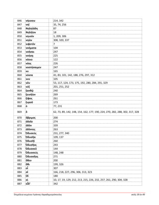 Ἐπιμέλεια κειμένου Ἰωάννης Καραδημητρόπουλος σελίς 39 ἐκ 49
846 νήεσσιν 214, 342
847 νηΐ 35, 74, 256
848 Νηληϊάδη 87
849 Νηλήϊον 18
850 νηυσίν 1, 209, 306
851 νηῶν 308, 320, 337
852 νιφετόν 7
853 νοήματα 104
854 νοῆσαι 247
855 νοήσῃ 225
856 νόοιο 122
857 νόος 226
858 νοστήσαιμεν 247
859 νυ 165
860 νύκτα 41, 83, 101, 142, 188, 276, 297, 312
861 νυν 105
862 νῦν 53, 117, 124, 173, 175, 192, 280, 284, 291, 329
863 νύξ 201, 251, 252
864 ξανθῷ 240
865 ξεινήϊον 269
866 ξίφος 261
867 ξυροῦ 173
868 ὁ 77, 231
869 ὅ 62, 73, 89, 142, 148, 154, 162, 177, 190, 224, 270, 282, 288, 302, 317, 328
870 ὄβριμος 200
871 ὁδοῖο 274
872 ὁδόν 339
873 ὀδόντες 263
874 Ὀδυσεύς 231, 277, 340
875 Ὀδυσῆα 109, 137
876 Ὀδυσῆϊ 260
877 Ὀδυσῆος 243
878 Ὀδυσσεῦ 144
879 Ὀδυσσεύς 148, 248
880 Ὀδυσσῆος 271
881 ὅθεν 200
882 ὅθι 199, 326
883 οἷ 307
884 οἵ 166, 218, 227, 296, 306, 313, 323
885 Οἵ 180
886 οἱ 10, 17, 19, 129, 212, 213, 215, 226, 232, 257, 261, 290, 304, 328
887 οἶδ’ 342
 