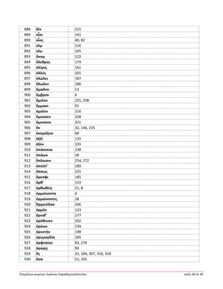 Ἐπιμέλεια κειμένου Ἰωάννης Καραδημητρόπουλος σελίς 40 ἐκ 49
888 ὄϊν 215
889 οἶοι 141
890 οἶος 40, 82
891 οἴῳ 116
892 οἴω 105
893 ὄκνῳ 122
894 ὄλεθρος 174
895 ὀλίγος 161
896 ὀλλύς 201
897 ὀλώλει 187
898 ὄλωλεν 186
899 ὅμαδον 13
900 ὄμβρον 6
901 ὅμιλον 231, 338
902 ὄμμασι 91
903 ὁμοῖον 216
904 ὄμοσσεν 328
905 ὄμοσσον 321
906 ὅν 32, 146, 235
907 ὀνομάζων 68
908 ὀξέϊ 135
909 ὀξύν 335
910 ὀπάσσεαι 238
911 ὀπάων 58
912 ὅπλοισιν 254, 272
913 ὁππότ’ 189
914 ὅππως 225
915 ὄρεσφι 185
916 ὄρθ’ 153
917 ὀρθωθείς 21, 8
918 ὁρμαίνοντα 4
919 ὁρμαίνοντες 28
920 Ὀρμενίδαο 266
921 ὁρμήν 123
922 ὄρνιθ’ 277
923 ὀρόθυνεν 332
924 ὁρόων 239
925 ὀρυκτήν 198
926 ὀρυμαγδός 185
927 ὀρφναίην 83, 276
928 ὀρώρῃ 90
929 ὅς 32, 184, 307, 316, 318
930 ὅσα 51, 105
 