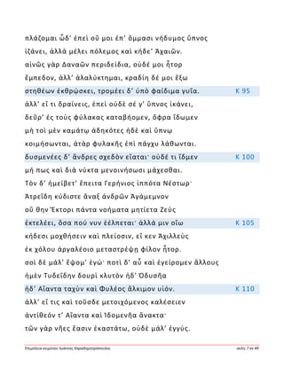 Ἐπιμέλεια κειμένου Ἰωάννης Καραδημητρόπουλος σελίς 7 ἐκ 49
πλάζομαι ὧδ’ ἐπεὶ οὔ μοι ἐπ’ ὄμμασι νήδυμος ὕπνος
ἱζάνει, ἀλλὰ μέλει πόλεμος καὶ κήδε’ Ἀχαιῶν.
αἰνῶς γὰρ Δαναῶν περιδείδια, οὐδέ μοι ἦτορ
ἔμπεδον, ἀλλ’ ἀλαλύκτημαι, κραδίη δέ μοι ἔξω
στηθέων ἐκθρῴσκει, τρομέει δ’ ὑπὸ φαίδιμα γυῖα. Κ 95
ἀλλ’ εἴ τι δραίνεις, ἐπεὶ οὐδὲ σέ γ’ ὕπνος ἱκάνει,
δεῦρ’ ἐς τοὺς φύλακας καταβήομεν, ὄφρα ἴδωμεν
μὴ τοὶ μὲν καμάτῳ ἀδηκότες ἠδὲ καὶ ὕπνῳ
κοιμήσωνται, ἀτὰρ φυλακῆς ἐπὶ πάγχυ λάθωνται.
δυσμενέες δ’ ἄνδρες σχεδὸν εἵαται· οὐδέ τι ἴδμεν Κ 100
μή πως καὶ διὰ νύκτα μενοινήσωσι μάχεσθαι.
Τὸν δ’ ἠμείβετ’ ἔπειτα Γερήνιος ἱππότα Νέστωρ·
Ἀτρεΐδη κύδιστε ἄναξ ἀνδρῶν Ἀγάμεμνον
οὔ θην Ἕκτορι πάντα νοήματα μητίετα Ζεὺς
ἐκτελέει, ὅσα πού νυν ἐέλπεται· ἀλλά μιν οἴω Κ 105
κήδεσι μοχθήσειν καὶ πλείοσιν, εἴ κεν Ἀχιλλεὺς
ἐκ χόλου ἀργαλέοιο μεταστρέψῃ φίλον ἦτορ.
σοὶ δὲ μάλ’ ἕψομ’ ἐγώ· ποτὶ δ’ αὖ καὶ ἐγείρομεν ἄλλους
ἠμὲν Τυδεΐδην δουρὶ κλυτὸν ἠδ’ Ὀδυσῆα
ἠδ’ Αἴαντα ταχὺν καὶ Φυλέος ἄλκιμον υἱόν. Κ 110
ἀλλ’ εἴ τις καὶ τοῦσδε μετοιχόμενος καλέσειεν
ἀντίθεόν τ’ Αἴαντα καὶ Ἰδομενῆα ἄνακτα·
τῶν γὰρ νῆες ἔασιν ἑκαστάτω, οὐδὲ μάλ’ ἐγγύς.
 