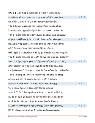 Ἐπιμέλεια κειμένου Ἰωάννης Καραδημητρόπουλος σελίς 8 ἐκ 49
ἀλλὰ φίλον περ ἐόντα καὶ αἰδοῖον Μενέλαον
νεικέσω, εἴ πέρ μοι νεμεσήσεαι, οὐδ’ ἐπικεύσω Κ 115
ὡς εὕδει, σοὶ δ’ οἴῳ ἐπέτρεψεν πονέεσθαι.
νῦν ὄφελεν κατὰ πάντας ἀριστῆας πονέεσθαι
λισσόμενος· χρειὼ γὰρ ἱκάνεται οὐκέτ’ ἀνεκτός.
Τὸν δ’ αὖτε προσέειπεν ἄναξ ἀνδρῶν Ἀγαμέμνων·
ὦ γέρον ἄλλοτε μέν σε καὶ αἰτιάασθαι ἄνωγα· Κ 120
πολλάκι γὰρ μεθιεῖ τε καὶ οὐκ ἐθέλει πονέεσθαι
οὔτ’ ὄκνῳ εἴκων οὔτ’ ἀφραδίῃσι νόοιο,
ἀλλ’ ἐμέ τ’ εἰσορόων καὶ ἐμὴν ποτιδέγμενος ὁρμήν.
νῦν δ’ ἐμέο πρότερος μάλ’ ἐπέγρετο καί μοι ἐπέστη·
τὸν μὲν ἐγὼ προέηκα καλήμεναι οὓς σὺ μεταλλᾷς. Κ 125
ἀλλ’ ἴομεν· κείνους δὲ κιχησόμεθα πρὸ πυλάων
ἐν φυλάκεσσ’, ἵνα γάρ σφιν ἐπέφραδον ἠγερέθεσθαι.
Τὸν δ’ ἠμείβετ’ ἔπειτα Γερήνιος ἱππότα Νέστωρ·
οὕτως οὔ τίς οἱ νεμεσήσεται οὐδ’ ἀπιθήσει
Ἀργείων, ὅτε κέν τιν’ ἐποτρύνῃ καὶ ἀνώγῃ. Κ 130
Ὣς εἰπὼν ἔνδυνε περὶ στήθεσσι χιτῶνα,
ποσσὶ δ’ ὑπὸ λιπαροῖσιν ἐδήσατο καλὰ πέδιλα,
ἀμφὶ δ’ ἄρα χλαῖναν περονήσατο φοινικόεσσαν
διπλῆν ἐκταδίην, οὔλη δ’ ἐπενήνοθε λάχνη.
εἵλετο δ’ ἄλκιμον ἔγχος ἀκαχμένον ὀξέϊ χαλκῷ, Κ 135
βῆ δ’ ἰέναι κατὰ νῆας Ἀχαιῶν χαλκοχιτώνων.
 