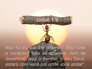 •Josué 1:9
Não fui eu que lhe ordenei? Seja forte
e corajoso! Não se apavore, nem se
desanime, pois o Senhor, o seu Deus,
estará com você por onde você andar".
 
