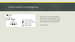 Vamos analisar o Heredograma
Observe que na última geração há
dois homens com anomalia. O que
nos leva a conclusão errada de que
tem relação com o cromossomo Y.
Mas não tem.
 