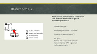 Observe bem que..
As mulheres portadoras ao se casarem
com homens normais não geram
mulheres portadoras.
Isso significa que...
Mulheres portadoras são: Xa Xa
E mulheres normais são XA ?
Por quê?
Porque elas se casaram com um
homem normal (XAY) e geraram
mulheres normais.
 