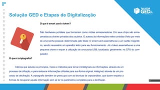 5
O que é criptografia?
	 Ciência que estuda os princípios, meios e métodos para tornar ininteligíveis as informações, através de um
processo de cifração, e para restaurar informações cifradas para sua forma original, inteligível, através de um pro-
cesso de decifração. A criptografia também se preocupa com as técnicas de criptoanálise, que dizem respeito a
formas de recuperar aquela informação sem se ter os parâmetros completos para a decifração.
Solução GED e Etapas de Digitalização
O que é smart card e token?
São hardwares portáteis que funcionam como mídias armazenadoras. Em seus chips são arma-
zenadas as chaves privadas dos usuários. O acesso às informações neles contidas é feito por meio
de uma senha pessoal, determinada pelo titular. O smart card assemelha-se a um cartão magnéti-
co, sendo necessário um aparelho leitor para seu funcionamento. Já o token assemelha-se a uma
pequena chave e requer a utilização de uma porta USB, localizada, geralmente, na CPU do com-
putador.
 