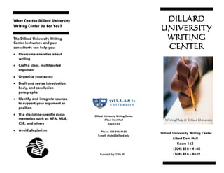What Can the Dillard University                                           DILLARD
Writing Center Do For You?
                                                                         UNIVERSITY
The Dillard University Writing                                            WRITING
Center instructors and peer
consultants can help you:                                                 CENTER
   Overcome anxieties about
    writing
   Craft a clear, multifaceted
    argument
   Organize your essay
   Draft and revise introduction,
    body, and conclusion
    paragraphs
   Identify and integrate sources
    to support your argument or
    position
   Use discipline-specific docu-    Dillard University Writing Center
    mentation such as APA, MLA,              Albert Dent Hall              Writing Help @ Dillard University
    CSE, and others                             Room 162

   Avoid plagiarism                     Phone: 504-816-4180
                                                                         Dillard University Writing Center
                                       E-mail: dtyler@dillard.edu
                                                                                 Albert Dent Hall
                                                                                   Room 162
                                                                                 (504) 816 - 4180
                                         Funded by Title III                     (504) 816 - 4659
 