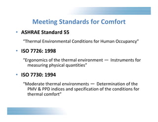 Meeting Standards for Comfort 
• ASHRAE Standard 55 
“Thermal Environmental Conditions for Human Occupancy” 
• ISO 7726: 1998 
“Ergonomics of the thermal environment ― Instruments for 
measuring physical quantities” 
• ISO 7730: 1994 
“Moderate thermal environments ― Determination of the 
PMV & PPD indices and specification of the conditions for 
thermal comfort” 
 