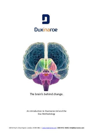 100 St Paul's Churchyard, London, EC4M 8BU. | www.duxinaroe.com |020 3713 3420| info@duxinaroe.com 
The brain’s behind change. 
An introduction to Duxinaroe Ltd and the Dux Methodology  