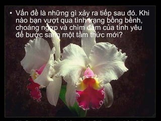 • Vấn đề là những gì xảy ra tiếp sau đó. Khi
nào bạn vượt qua tình trạng bồng bềnh,
choáng ngợp và chìm đắm của tình yêu
để bước sang một tầm thức mới?

 