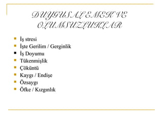 DUYGUSAL EMEK VE
OLUMSUZLUKLAR
 İş stresiİş stresi
 İşte Gerilim / Gerginlikİşte Gerilim / Gerginlik
 İş Doyumuİş Doyumu
 TükenmişlikTükenmişlik
 ÇöküntüÇöküntü
 Kaygı / EndişeKaygı / Endişe
 ÖzsaygıÖzsaygı
 Öfke / KızgınlıkÖfke / Kızgınlık
 