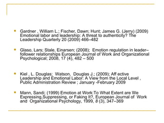  Gardner , William L.; Fischer, Dawn; Hunt; James G. (Jerry) (2009)
Emotional labor and leadership: A threat to authenticity? The
Leadership Quarterly 20 (2009) 466–482
 Glaso, Lars; Stale, Einarsen; (2008); Emotion regulation in leader–
follower relationships European Journal of Work and Organizational
Psychological; 2008, 17 (4), 482 – 500
 Kiel , L. Douglas; Watson, Douglas J.; (2009); Aff ective
Leadership and Emotional Labor: A View from the Local Level ,
Public Administration Review ; January -February 2009
 Mann, Sandi; (1999) Emotion at Work:To What Extent are We
Expressing,Suppressing, or Faking It?, European Journal of Work
and Organizational Psychology, 1999, 8 (3), 347–369
 