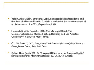 Yalçın, Aslı; (2010), Emotional Labour: Dispositional Antecedents and
the Role of Affective Events; A thesis submitted to the raduate school of
social sciences of METU, September, 2010
 Hochschild, Arlie Russell; (1983) The Managed Heart: The
Commercialization of Human Feeling, Berkeley and Los Angeles:
University of California Press, 1983.
 Öz, Ela Ünler; (2007); Duygusal Emek Davranışlarının Çalışanların İş
Sonuçlarına Etkisi;. İstanbul: Beta.
 Çukur, Cem Şafak; (2012); “Duygusal Düzenleme ve Duygusal İşçilik”
konulu konferans; Atılım Üniversitesi; 13. 04. 2012; Ankara
 
