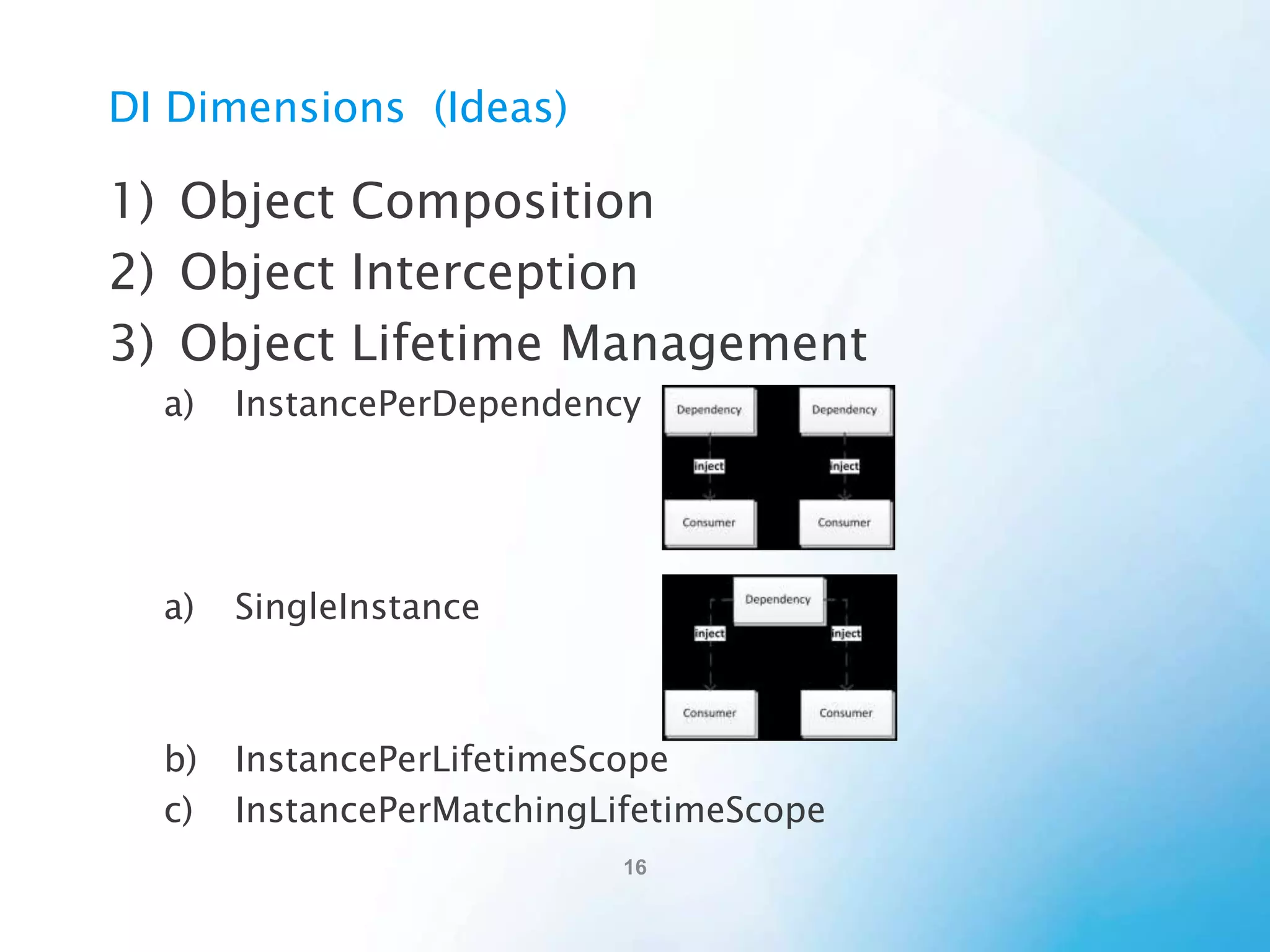 Autofac
• Get it: http://autofac.org or NuGet.
• What you get: a zip with binaries.
• Platforms: .NET 3.5 SP1, .NET 4, Silverlight 3 & 4, Windows
Phone 7.
• Cost? Free. It is open source.
• Help? http://autofac.org or StackOverflow
• ReSharper also really helps speed-up dev.

 