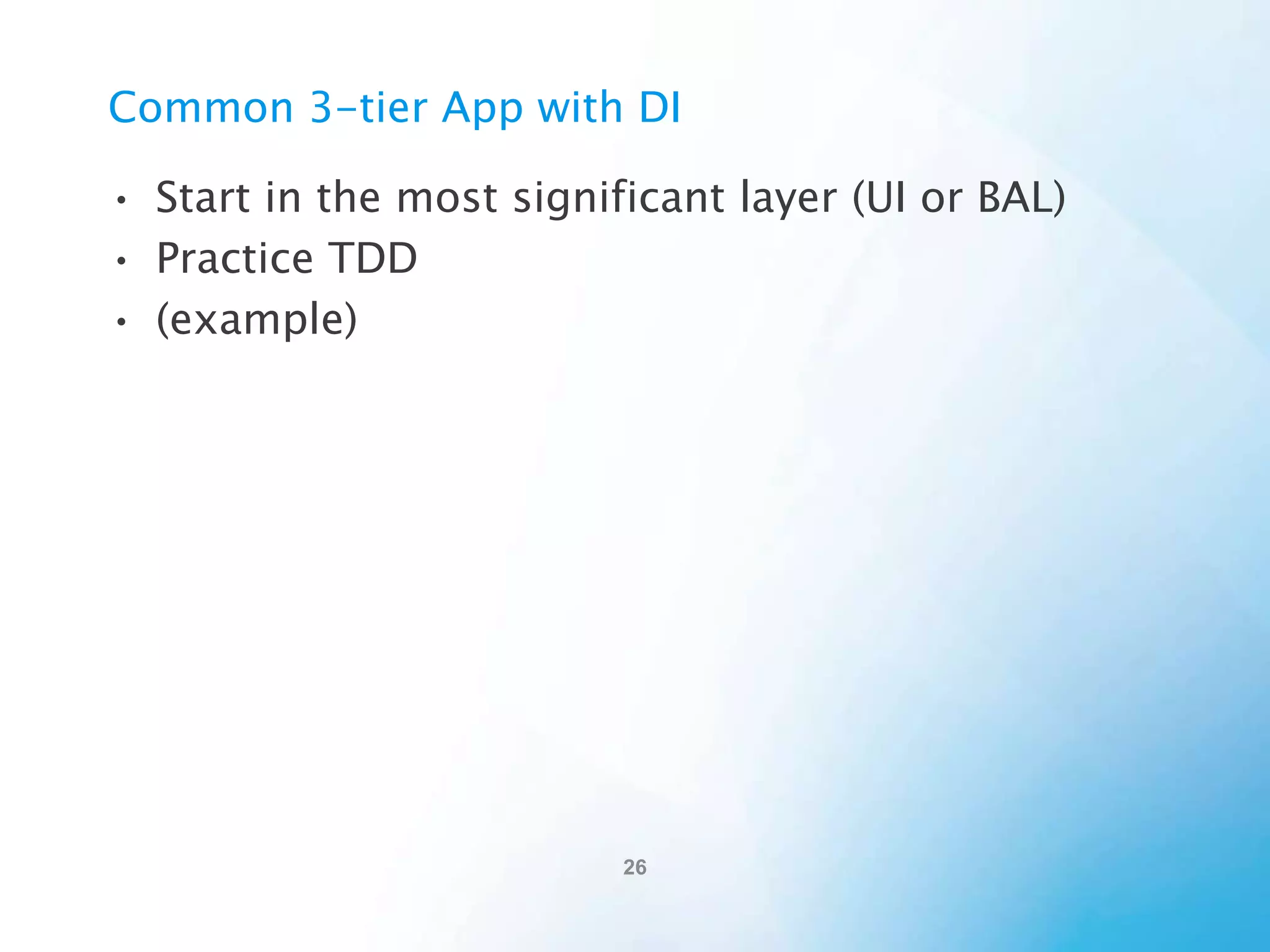 Resources
• Autofac.org

• Book: “Dependency Injection in .NET” by Mark
Seemann.

http://www.manning.com/seemann/

• Podcast with Autofac creator
http://www.dotnetrocks.com/default.aspx?showNum=450

• Advanced relationship types with Autofac
http://nblumhardt.com/2010/01/the-relationship-zoo/

• Stackoverflow.com

 
