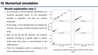 IV. Numerical simulation
Results explanation case 1
o As can be seen in the first iteration, 100 solutions are
randomly generated based on the parameters
specified in Algorithm, and they are scatterly
distributed.
o At this stage, a set of solutions does not indicate the
optimum, like a pack of wolves starting to search for
preys.
o After 20, 40, 60, and 80 iterations, the solutions
gradually converge to a specific region as wolves
finally catch their preys, as demonstrated in the
100th iteration.
o Then, the convergence point is considered as the
(near) -optimal solution for this case.
Convergence analysis for the optimal solutions in the search
space
 
