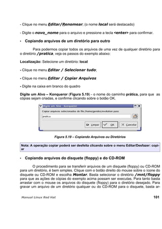 - Clique no menu ; (o nome será destacado)
- Digite o para o arquivo e pressione a tecla < > para confirmar.
Copiando arquivos de um diretório para outro
Para podermos copiar todos os arquivos de uma vez de qualquer diretório para
o diretório , veja os passos do exemplo abaixo:
Localização: Selecione um diretório: local
- Clique no menu ;
- Clique no menu
- Digite na caixa em branco do quadro
Digite um Alvo – Konqueror (Figura 5.19) - o nome do caminho prática, para que as
cópias sejam criadas, e confirme clicando sobre o botão OK.
Figura 5.19 – Copiando Arquivos ou Diretórios
Nota: A operação copiar poderá ser desfeita clicando sobre o menu Editar/Desfazer: copi-
ar
Copiando arquivos do disquete (floppy) e do CD-ROM
O procedimento para se transferir arquivos de um disquete (floppy) ou CD-ROM
para um diretório, é bem simples. Clique com o botão direito do mouse sobre o ícone do
disquete ou CD-ROM e escolha . Basta selecionar o diretório
para que as ações de cópias do exemplo acima possam ser executas. Para tanto basta
arrastar com o mouse os arquivos do disquete (floppy) para o diretório desejado. Para
gravar um arquivo de um diretório qualquer ou do CD-ROM para o disquete, basta ar-
101
 