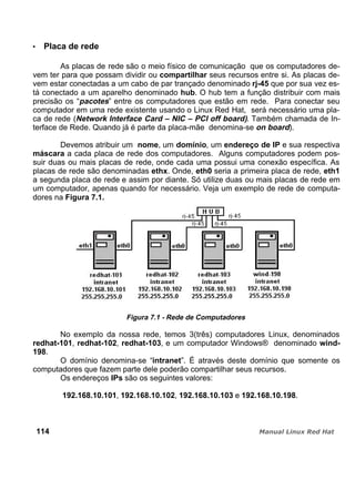 Placa de rede
As placas de rede são o meio físico de comunicação que os computadores de-
vem ter para que possam dividir ou compartilhar seus recursos entre si. As placas de-
vem estar conectadas a um cabo de par trançado denominado rj-45 que por sua vez es-
tá conectado a um aparelho denominado hub. O hub tem a função distribuir com mais
precisão os “pacotes” entre os computadores que estão em rede. Para conectar seu
computador em uma rede existente usando o Linux Red Hat, será necessário uma pla-
ca de rede (Network Interface Card – NIC – PCI off board). Também chamada de In-
terface de Rede. Quando já é parte da placa-mãe denomina-se on board).
Devemos atribuir um nome, um domínio, um endereço de IP e sua respectiva
máscara a cada placa de rede dos computadores. Alguns computadores podem pos-
suir duas ou mais placas de rede, onde cada uma possui uma conexão específica. As
placas de rede são denominadas ethx. Onde, eth0 seria a primeira placa de rede, eth1
a segunda placa de rede e assim por diante. Só utilize duas ou mais placas de rede em
um computador, apenas quando for necessário. Veja um exemplo de rede de computa-
dores na Figura 7.1.
Figura 7.1 - Rede de Computadores
No exemplo da nossa rede, temos 3(três) computadores Linux, denominados
redhat-101, redhat-102, redhat-103, e um computador Windows® denominado wind-
198.
O domínio denomina-se “intranet”. É através deste domínio que somente os
computadores que fazem parte dele poderão compartilhar seus recursos.
Os endereços IPs são os seguintes valores:
192.168.10.101, 192.168.10.102, 192.168.10.103 e 192.168.10.198.
114
 