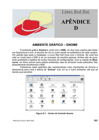 AMBIENTE GRÁFICO – GNOME
O ambiente gráfico Gnome é, junto com o KDE, um dos mais usados pelo Siste-
ma Operacional Linux. A escolha de um ou outro reside na preferência de cada usuário.
Por padrão logo após a instalação, o Linux Red Hat inicia com o Gnome. Se você fica
nele ou muda para o KDE é só um processo de escolha pessoal. Ambos são de exce-
lente qualidade e repletos de muitos recursos de configurações. Com a criação do Blue-
curve, um tema comum para ambos ambientes, eles se tornaram muito parecidos. Nós
pessoalmente escolhemos o KDE.
Trataremos neste apêndice das características mais importantes do Gnome e
deixaremos para você a delícia de “brincar” com um ou o outro ambiente, até que se
decida qual escolher.
Figura G.1 - Centro de Controle Gnome
163
Linux Red HatLinux Red Hat
APÊNDICE
D
 
