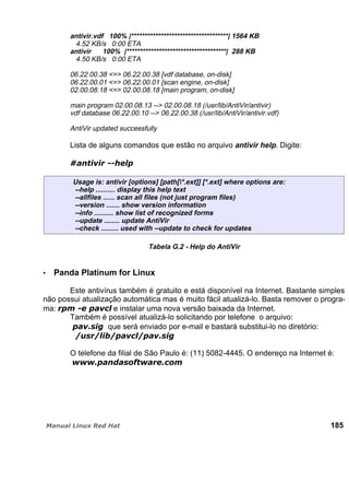 antivir.vdf 100% |************************************| 1564 KB
4.52 KB/s 0:00 ETA
antivir 100% |*************************************| 288 KB
4.50 KB/s 0:00 ETA
06.22.00.38 <=> 06.22.00.38 [vdf database, on-disk]
06.22.00.01 <=> 06.22.00.01 [scan engine, on-disk]
02.00.08.18 <=> 02.00.08.18 [main program, on-disk]
main program 02.00.08.13 --> 02.00.08.18 (/usr/lib/AntiVir/antivir)
vdf database 06.22.00.10 --> 06.22.00.38 (/usr/lib/AntiVir/antivir.vdf)
AntiVir updated successfully
Lista de alguns comandos que estão no arquivo antivir help. Digite:
Usage is: antivir [options] [path[*.ext]] [*.ext] where options are:
--help .......... display this help text
--allfiles ...... scan all files (not just program files)
--version ....... show version information
--info .......... show list of recognized forms
--update ........ update AntiVir
--check ......... used with --update to check for updates
Tabela G.2 - Help do AntiVir
Panda Platinum for Linux
Este antivírus também é gratuito e está disponível na Internet. Bastante simples
não possui atualização automática mas é muito fácil atualizá-lo. Basta remover o progra-
ma: e instalar uma nova versão baixada da Internet.
Também é possível atualizá-lo solicitando por telefone o arquivo:
que será enviado por e-mail e bastará substitui-lo no diretório:
O telefone da filial de São Paulo é: (11) 5082-4445. O endereço na Internet é:
185
 