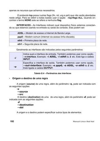 apenas os recursos que achamos necessários.
O protocolo tcp possui outras flags (fin, rst, urg e psh) que não serão abordadas
neste artigo. Para se referir a todas bastas usar a opção --tcp-flags ALL. Quando en-
contrar o termo NONE este se refere a nenhuma flag.
INTERFACES - As Interfaces indicam qual dispositivo físico estamos conectan-
do ou que estamos usando na entrada ou saída da conexão. Elas podem ser:
ADSL – Modem de acesso a Internet de Banda Larga.
ppp0 – Modem comum (Internet via acesso linha discada).
eth0 – Primeira placa de rede.
eth1 – Segunda placa de rede.
Geralmente as interfaces são indicadas pelos seguintes parâmetros:
Indica qual a interface de entrada. Também podemos usar como opção,
--n-interface, Exemplo: ou etc. Está liga a cadeia
INPUT.
Especifica a interface de saída. Também podemos usar como opção,
. Exemplo: ou etc.
Está ligada a cadeia OUTPUT.
Tabela G.4 – Parâmetros das Interfaces
Origem e destino de uma regra
A origem (source) de uma regra, além do parâmetro pode ser indicada com
as seguintes opções:
O destino (destination) de uma de uma regra, além do parâmetro - , pode ser
indicada com as seguintes opções:
-
A origem e o destino podem especificar outros tipos de elementos:
192
 