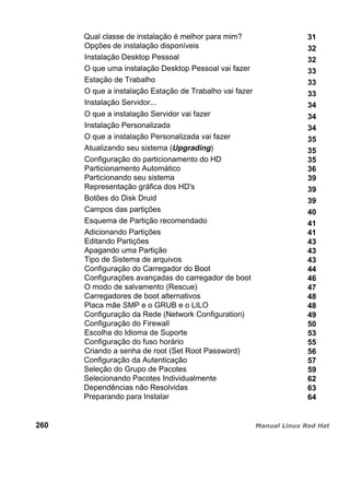 Qual classe de instalação é melhor para mim? 31
Opções de instalação disponíveis 32
Instalação Desktop Pessoal 32
O que uma instalação Desktop Pessoal vai fazer 33
Estação de Trabalho 33
O que a instalação Estação de Trabalho vai fazer 33
Instalação Servidor... 34
O que a instalação Servidor vai fazer 34
Instalação Personalizada 34
O que a instalação Personalizada vai fazer 35
Atualizando seu sistema (Upgrading) 35
Configuração do particionamento do HD 35
Particionamento Automático 36
Particionando seu sistema 39
Representação gráfica dos HD's 39
Botões do Disk Druid 39
Campos das partições 40
Esquema de Partição recomendado 41
Adicionando Partições 41
Editando Partições 43
Apagando uma Partição 43
Tipo de Sistema de arquivos 43
Configuração do Carregador do Boot 44
Configurações avançadas do carregador de boot 46
O modo de salvamento (Rescue) 47
Carregadores de boot alternativos 48
Placa mãe SMP e o GRUB e o LILO 48
Configuração da Rede (Network Configuration) 49
Configuração do Firewall 50
Escolha do Idioma de Suporte 53
Configuração do fuso horário 55
Criando a senha de root (Set Root Password) 56
Configuração da Autenticação 57
Seleção do Grupo de Pacotes 59
Selecionando Pacotes Individualmente 62
Dependências não Resolvidas 63
Preparando para Instalar 64
260
 