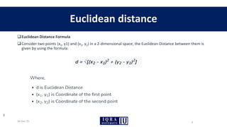 ❑Euclidean Distance Formula
❑Consider two points (x1, y1) and (x2, y2) in a 2-dimensional space; the Euclidean Distance between them is
given by using the formula:
Euclidean distance
16-Dec-25
3
3
 
