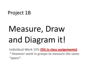 Project 1B

Measure, Draw
and Diagram it!
Individual Work 15% (5% in class assignments)
* However work in groups to measure the same
“space”.

 
