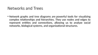 Networks and Trees
• Network graphs and tree diagrams are powerful tools for visualizing
complex relationships and hierarchies. They use nodes and edges to
represent entities and connections, allowing us to analyze social
networks, biological systems, and organizational structures.
 