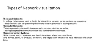 Types of Network visualization
•Biological Networks:
•In biology, networks are used to depict the interactions between genes, proteins, or organisms.
•These networks can be quite complex and are used in genomics or ecology studies.
•Computer Networks:
•These represent systems of interconnected computers, devices, or nodes.
•The edges represent communication or data transfer between devices.
•Recommendation Systems:
•Networks are used to represent user-item interactions, where users and items
•(like movies, books, or products) are nodes, and edges show which users have interacted with which
items.
 