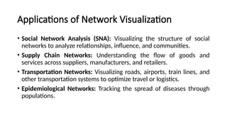 Applications of Network Visualization
• Social Network Analysis (SNA): Visualizing the structure of social
networks to analyze relationships, influence, and communities.
• Supply Chain Networks: Understanding the flow of goods and
services across suppliers, manufacturers, and retailers.
• Transportation Networks: Visualizing roads, airports, train lines, and
other transportation systems to optimize travel or logistics.
• Epidemiological Networks: Tracking the spread of diseases through
populations.
 