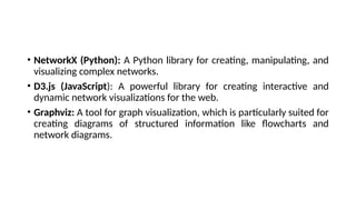 • NetworkX (Python): A Python library for creating, manipulating, and
visualizing complex networks.
• D3.js (JavaScript): A powerful library for creating interactive and
dynamic network visualizations for the web.
• Graphviz: A tool for graph visualization, which is particularly suited for
creating diagrams of structured information like flowcharts and
network diagrams.
 