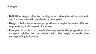 3. Angle
• Definition: Angle refers to the degree or orientation of an element,
and it's mostly used in pie charts or polar plots.
• Usage: It helps to represent proportions or angles between different
segments, typically as part of a whole.
• Example: In a pie chart, each slice represents the proportion of a
category relative to the whole, with the angle of each slice
corresponding to its value.
 
