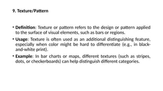 9. Texture/Pattern
• Definition: Texture or pattern refers to the design or pattern applied
to the surface of visual elements, such as bars or regions.
• Usage: Texture is often used as an additional distinguishing feature,
especially when color might be hard to differentiate (e.g., in black-
and-white print).
• Example: In bar charts or maps, different textures (such as stripes,
dots, or checkerboards) can help distinguish different categories.
 