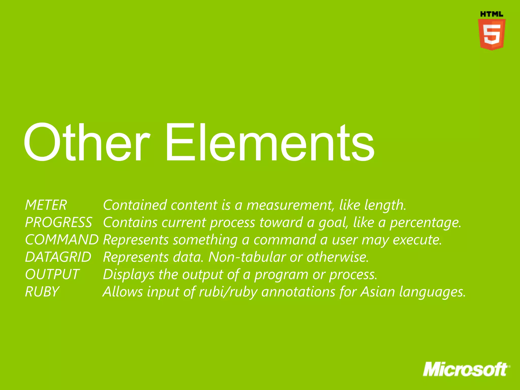 METER    Contained content is a measurement, like length.
PROGRESS Contains current process toward a goal, like a percentage.
COMMAND Represents something a command a user may execute.
DATAGRID Represents data. Non-tabular or otherwise.
OUTPUT   Displays the output of a program or process.
RUBY     Allows input of rubi/ruby annotations for Asian languages.
 