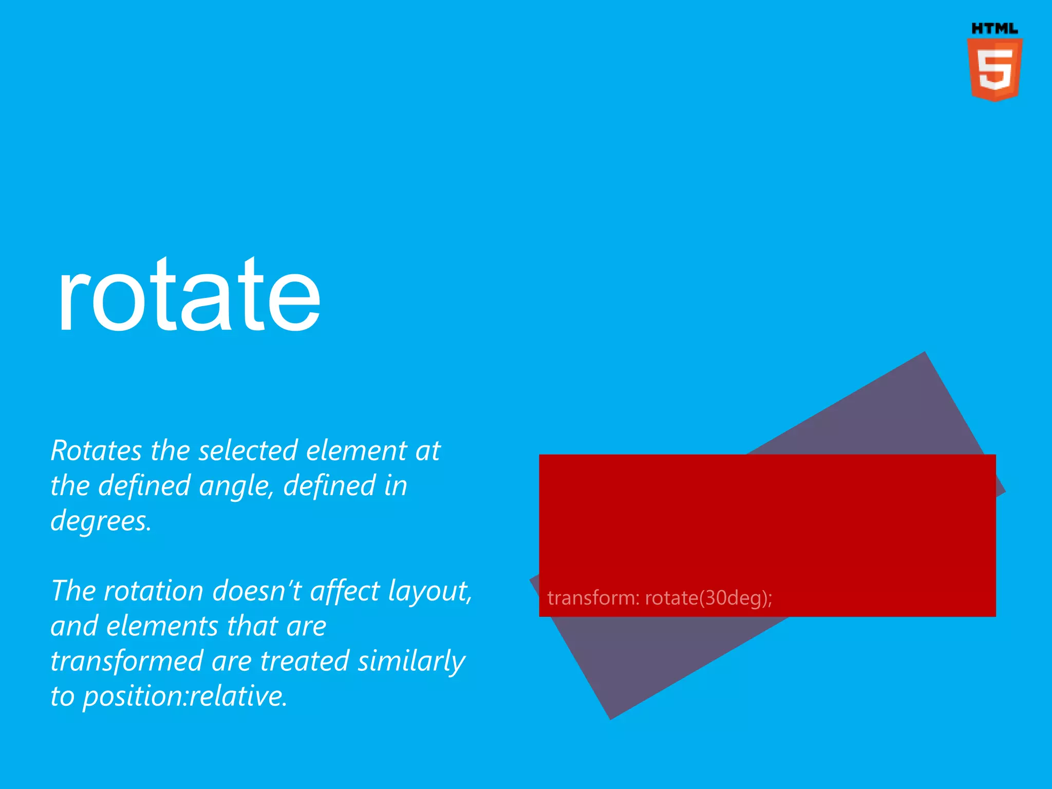 Rotates the selected element at
the defined angle, defined in
degrees.

The rotation doesn’t affect layout,   transform: rotate(30deg);
and elements that are
transformed are treated similarly
to position:relative.
 