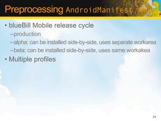 Preprocessing AndroidManifest.xml
• blueBill Mobile release cycle
  –production
  –alpha: can be installed side-by-side, uses separate workarea
  –beta: can be installed side-by-side, uses same workakea
• Multiple profiles




                                                             20
 