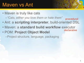 Maven vs Ant
• Maven is truly like cats
  –“Cats, either you love them or hate them” procedural
• Ant: a scripting interpreter, build-oriented DSL
• Maven: a standard build workflow executor
                                          declarative
• POM: Project Object Model
  –Project structure, language, packaging




                                                          5
 