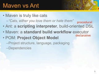Maven vs Ant
• Maven is truly like cats
  –“Cats, either you love them or hate them” procedural
• Ant: a scripting interpreter, build-oriented DSL
• Maven: a standard build workflow executor
                                          declarative
• POM: Project Object Model
  –Project structure, language, packaging
  –Dependencies




                                                          5
 