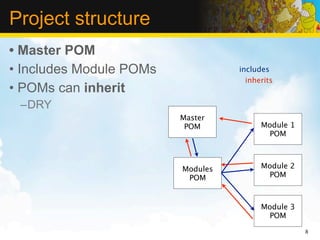 Project structure
• Master POM
• Includes Module POMs             includes
                                     inherits
• POMs can inherit
 –DRY
                         Master
                          POM            Module 1
                                          POM



                         Modules         Module 2
                          POM             POM



                                         Module 3
                                          POM

                                                    8
 