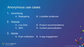© 2016 Tealium Inc. All rights reserved. | 14
1. Advertising
A. Retargeting B. Lookalike audiences
2. Website
A. Live Chat B. Product recommendations
C. SEO D. Content personalization
3. Mobile
A. Push notification B. In-app engagement
Anonymous use cases
 