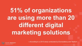 © 2016 Tealium Inc. All rights reserved. | 15
51% of organizations
are using more than 20
different digital
marketing solutions
—According to a 2015 study conducted by Econsultancy and Tealium
 