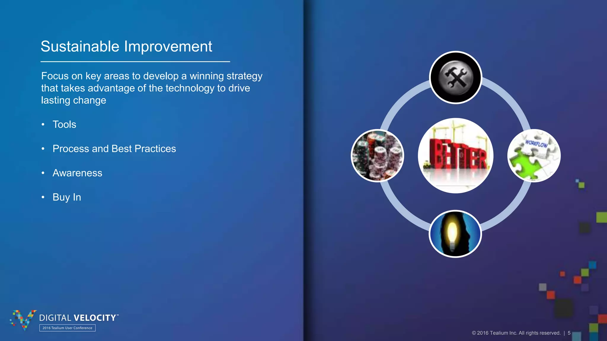 © 2016 Tealium Inc. All rights reserved. | 5
Sustainable Improvement
Focus on key areas to develop a winning strategy
that takes advantage of the technology to drive
lasting change
• Tools
• Process and Best Practices
• Awareness
• Buy In
 