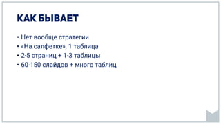 • Нет вообще стратегии
• «На салфетке», 1 таблица
• 2-5 страниц + 1-3 таблицы
• 60-150 слайдов + много таблиц
 