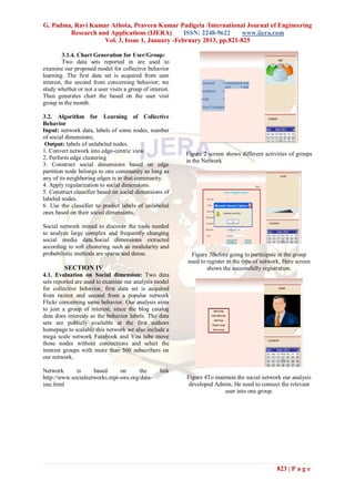 G. Padma, Ravi Kumar Athota, Praveen Kumar Padigela /International Journal of Engineering
        Research and Applications (IJERA)       ISSN: 2248-9622     www.ijera.com
                   Vol. 3, Issue 1, January -February 2013, pp.821-825

         3.1.4. Chart Generation for User/Group:
         Two data sets reported in are used to
examine our proposed model for collective behavior
learning. The first data set is acquired from user
interest, the second from concerning behavior; we
study whether or not a user visits a group of interest.
Then generates chart the based on the user visit
group in the month.

3.2. Algorithm for Learning of Collective
Behavior
Input: network data, labels of some nodes, number
of social dimensions;
 Output: labels of unlabeled nodes.
1. Convert network into edge-centric view.                Figure 2 screen shows different activities of groups
2. Perform edge clustering                                in the Network
3. Construct social dimensions based on edge
partition node belongs to one community as long as
any of its neighboring edges is in that community.
4. Apply regularization to social dimensions.
5. Construct classifier based on social dimensions of
labeled nodes.
6. Use the classifier to predict labels of unlabeled
ones based on their social dimensions.

Social network mined to discover the tools needed
to analyze large complex and frequently changing
social media data.Social dimensions extracted
according to soft clustering such as modularity and
probabilistic methods are sparse and dense.                Figure 3Before going to participate in the group
                                                          need to register in the type of network, Here screen
         SECTION IV                                               shows the successfully registration.
4.1. Evaluation on Social dimension: Two data
sets reported are used to examine our analysis model
for collective behavior, first data set is acquired
from twitter and second from a popular network
Flickr concerning same behavior. Our analysis aims
to join a group of interest, since the blog catalog
data does interests as the behavior labels. The data
sets are publicly available at the first authors
homepage to scalable this network we also include a
mega scale network Facebook and You tube move
those nodes without connections and select the
interest groups with more than 500 subscribers on
our network.

Network      is     based     on     the          link
http://www.socialnetworks.mpi-sws.org/data-               Figure 4To maintain the social network our analysis
imc.html                                                   developed Admin, He need to connect the relevant
                                                                        user into one group.




                                                                                               823 | P a g e
 