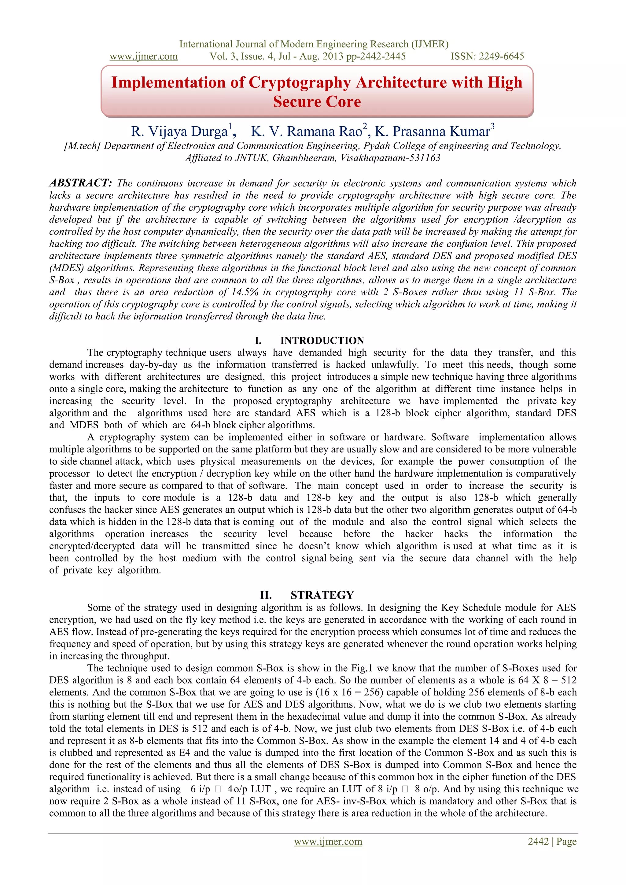 Implementation of Cryptography Architecture with High Secure Core | PDF