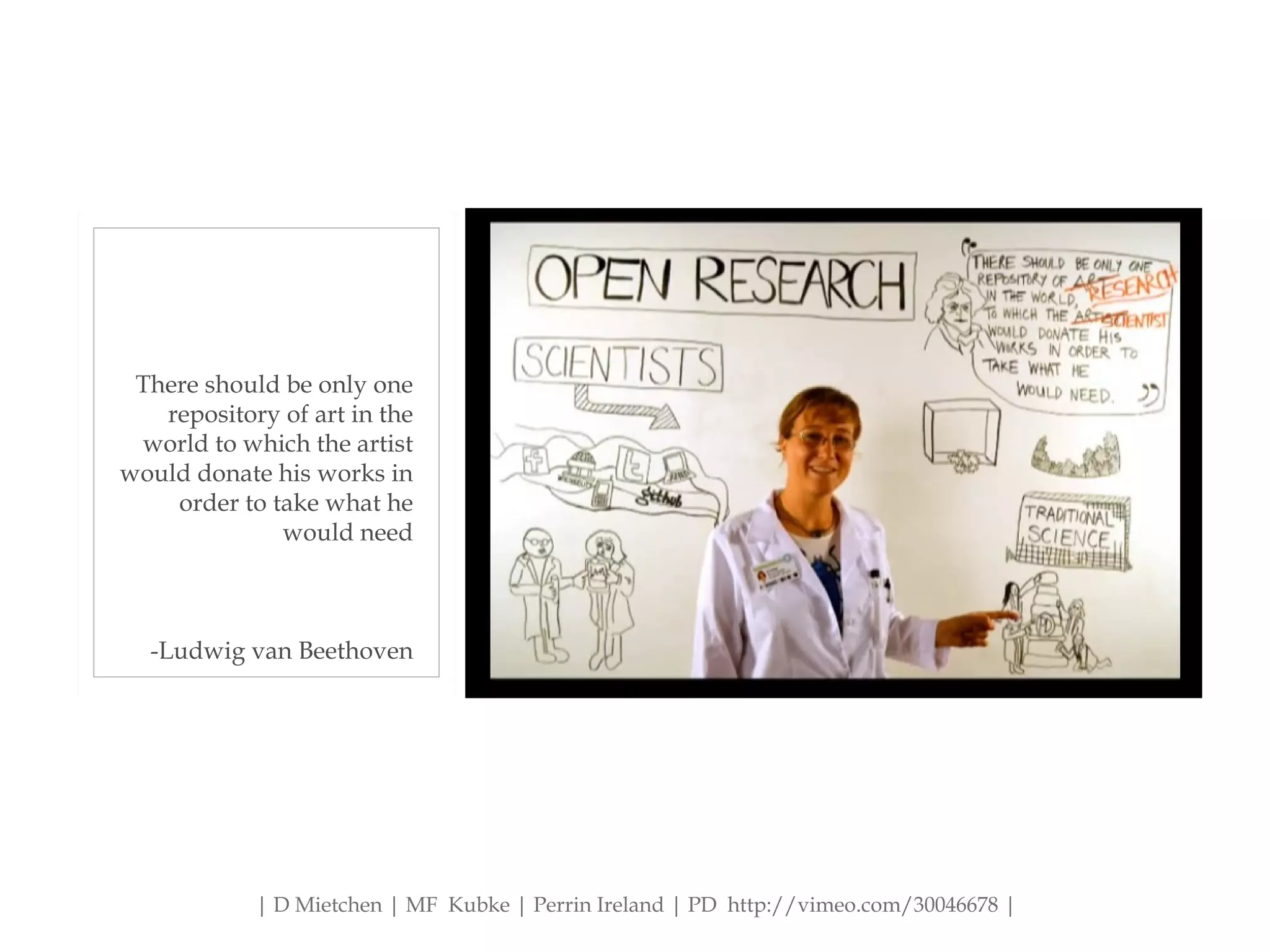 | D Mietchen | MF Kubke | Perrin Ireland | PD http://vimeo.com/30046678 |
There should be only one
repository of art in the
world to which the artist
would donate his works in
order to take what he
would need
-Ludwig van Beethoven
 