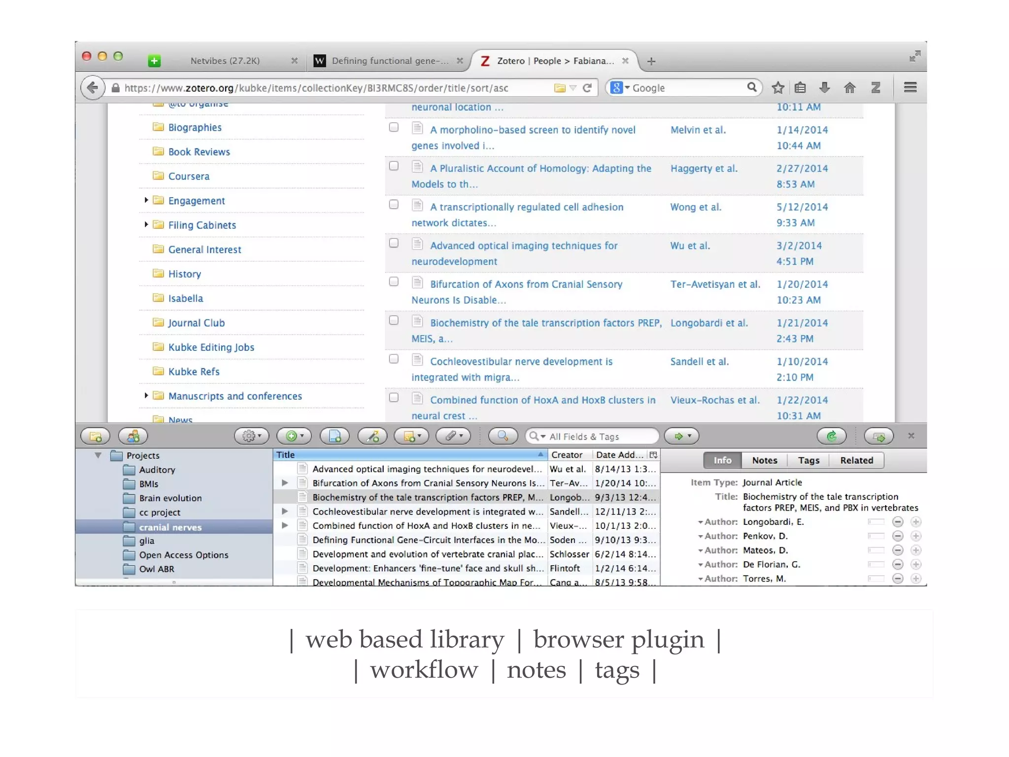 | web based library | browser plugin |
| workflow | notes | tags |
 