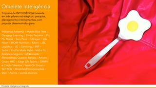 Omelete Inteligência 
Empresa de INTELIGÊNCIA baseada 
em três pilares estratégicos: pesquisa, 
planejamento e treinamentos, com 
projetos desenvolvidos para: 
Indústrias Anhembi :: Hotéis Blue Tree :: 
Cengage Learning :: Embu Pedreira :: Piu 
Piu Moda :: Sem Parar :: Ultragaz :: Vila 
Noah :: WOW Nutrition :: Kibon :: JSL 
Logística :: LG :: Samsung :: BRF – 
Sadia :: Piu Piu Moda Bebê:: Mid e Fit :: 
Bradesco Seguros :: McDonalds :: 
Metodologia Gustavo Borges :: Ampro :: 
Grupo HSD :: Edge Life Sports :: DMRH 
e Cia de Talentos :: Work On Group :: 
SOTREQ :: Brookfield Incorporações :: 
Stan :: Purina :: outros diversos 
Omelete Inteligência Integrada 
 