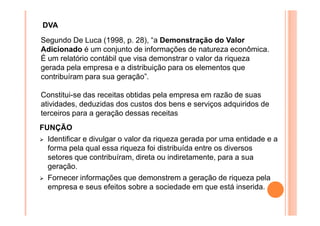 DVA
Segundo De Luca (1998, p. 28), “a Demonstração do Valor
Adicionado é um conjunto de informações de natureza econômica.
É um relatório contábil que visa demonstrar o valor da riqueza
gerada pela empresa e a distribuição para os elementos que
contribuíram para sua geração”.
Constitui-se das receitas obtidas pela empresa em razão de suas
atividades, deduzidas dos custos dos bens e serviços adquiridos de
terceiros para a geração dessas receitas
FUNÇÃO
Identificar e divulgar o valor da riqueza gerada por uma entidade e a
forma pela qual essa riqueza foi distribuída entre os diversos
setores que contribuíram, direta ou indiretamente, para a sua
geração.
Fornecer informações que demonstrem a geração de riqueza pela
empresa e seus efeitos sobre a sociedade em que está inserida.

 