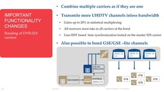 IMPORTANT 
FUNCTIONALITY 
CHANGES 
Bonding of DVB-S2X 
carriers 
• Combine multiple carriers as if they are one 
• Transmite more UHDTV channels inless bandwidth 
DVB-S2X 
MODULATOR 
S 
13 DVB-S2X 
Newtec Proprietary – Unrestricted 
• Gains up to 20% in statistical multiplexing 
• All receivers must take in all carriers of the bond 
• Uses ISSY based time synchronization locked on the master S2X carrier 
• Also possible to bond GSE/GSE –lite channels 
STATMUX 
STB 
ENCODERS STB STB 
STB 
MPEG TS 
MPEG TS 
1/3 
MPEG TS 
2/3 
MPEG TS 
3/3 
 