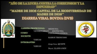 1
DIARREA VIRAL BOVINA (DVB)
MEDICINA
VETERINARIA Y ZOOTECNIA
FISIOLOGIA ANIMAL
RAMON TRONCOSO
VARGAS
Jorge Ives, QUISPE
VARGAS
Deysi, LLANO JAEN
 